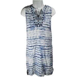 BeachLunchLounge Collection Blue White Aztec Embroidered V Neck Sleeveless Dress